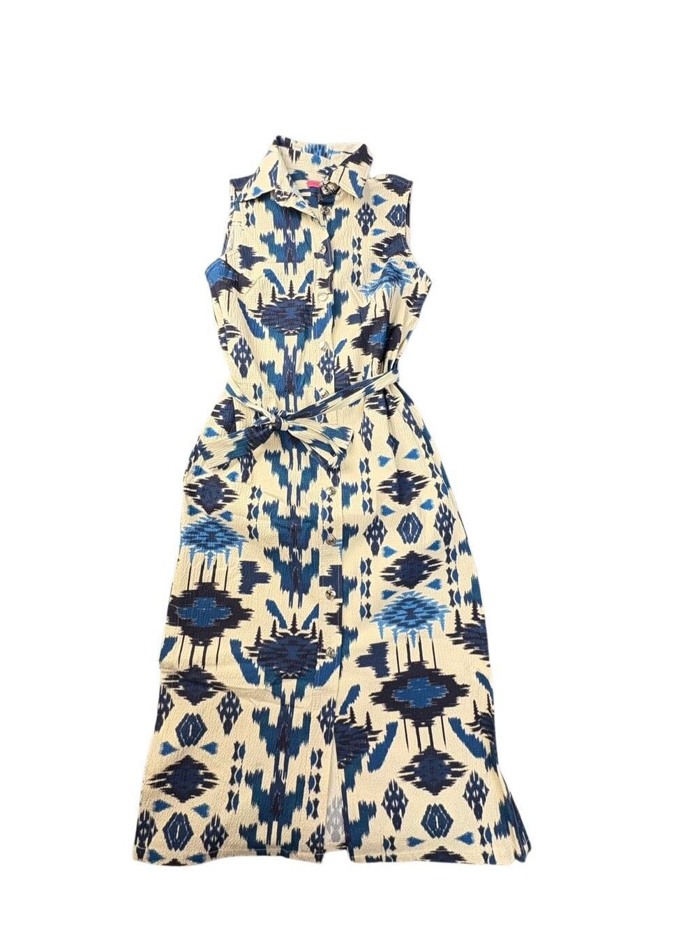 Vilagallo Dress 38 Blue Cream Ikat Print Belted Sleeveless Midi Shirt Dress